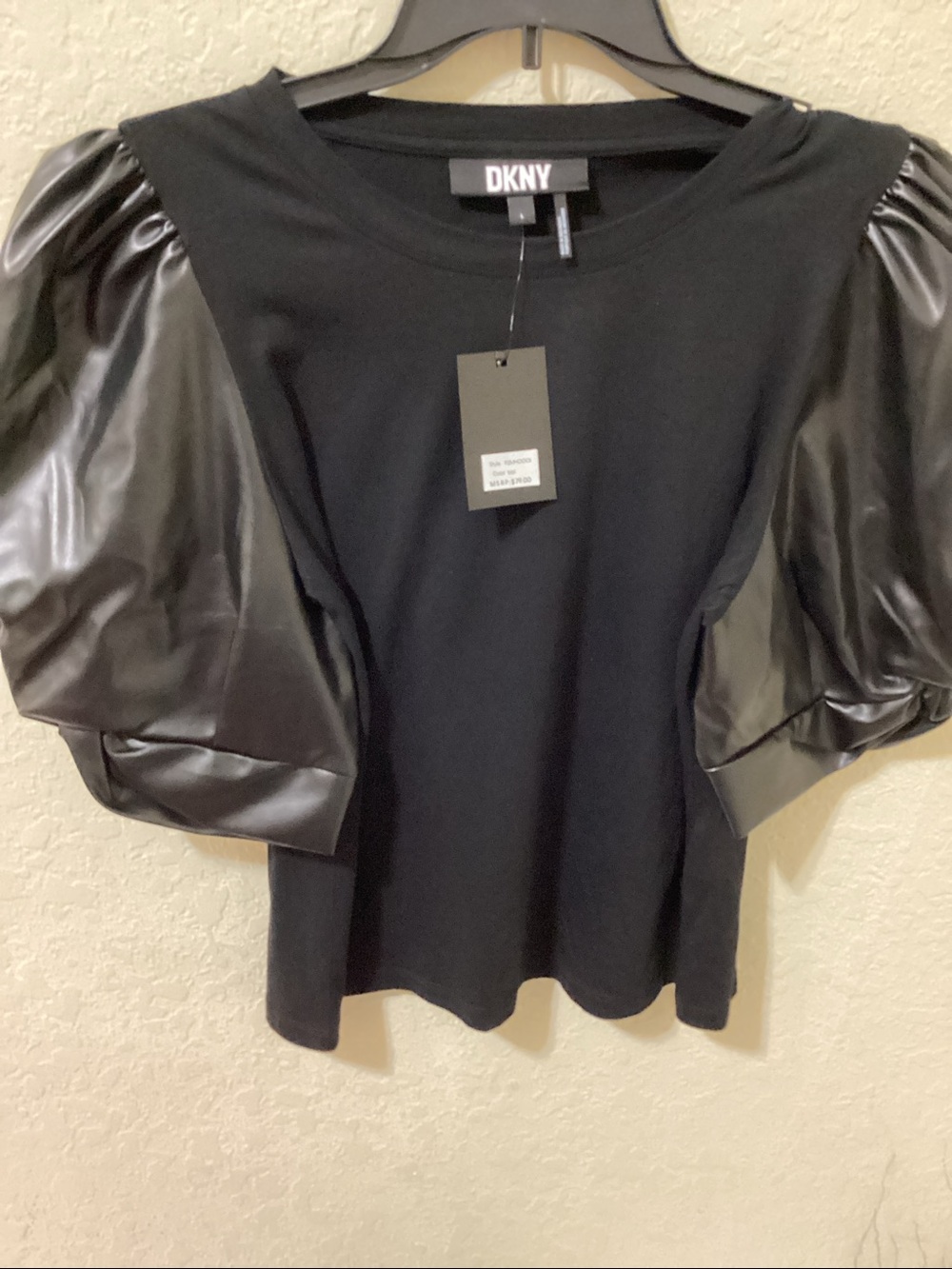 DKNY Black Knit Top with Glossy Puff Sleeves